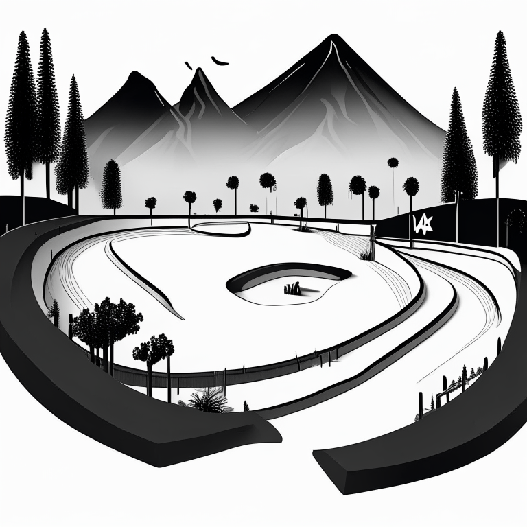 ms paint style, Free rider hd level, white background, black lines foreground, few grey lines in the background, micro bmx park,  loops, circle, ramps, grind rails, box transitions, half pipe, gap kicker, cite scape background, most importantly minimalistic, fences, trees, mountains