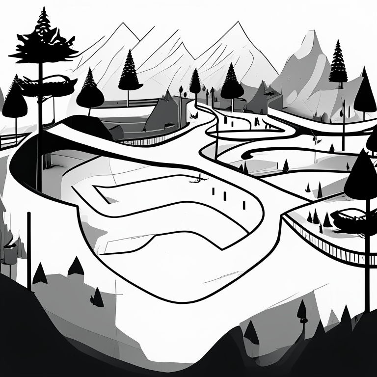 ms paint style, Free rider hd level, white background, black lines foreground, few grey lines in the background, micro bmx park,  loops, circle, ramps, grind rails, box transitions, half pipe, gap kicker, cite scape background, most importantly minimalistic, fences, trees, mountains, tiny animals very small