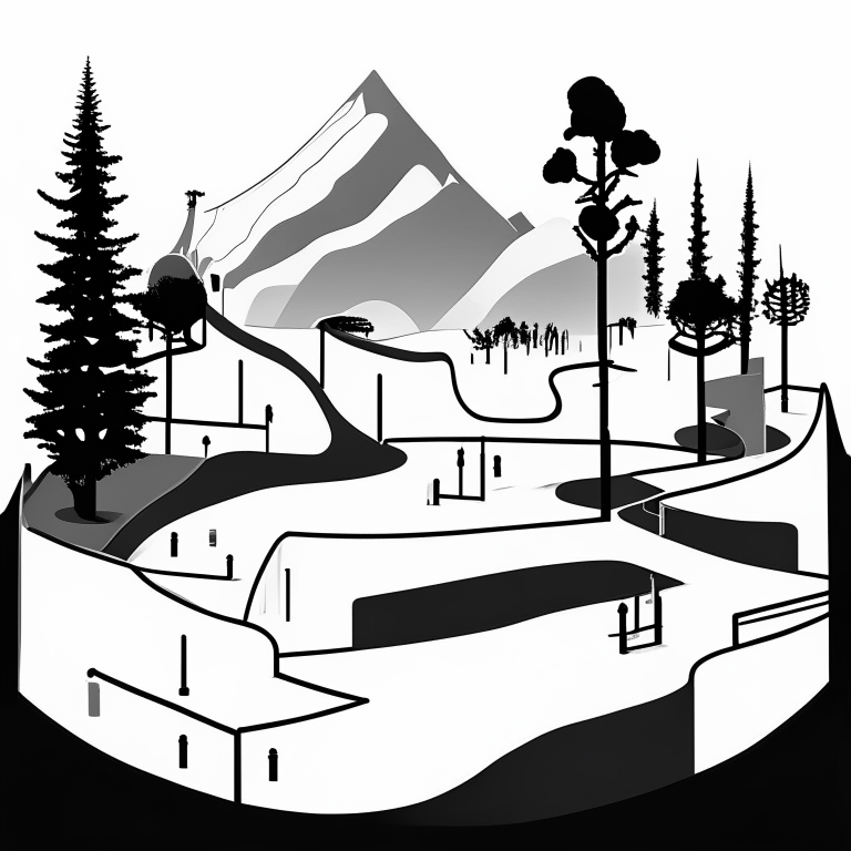 ms paint style, Free rider hd level, white background, black lines foreground, few grey lines in the background, micro bmx park,  loops, circle, ramps, grind rails, box transitions, half pipe, gap kicker, cite scape background, most importantly minimalistic, fences, trees, mountains, tiny animals very small, bridges