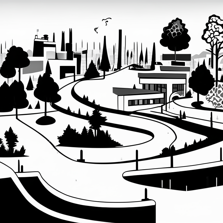 ms paint style, Free rider hd level, white background, black lines foreground, few grey lines in the background, micro bmx park,  loops, circle, ramps, grind rails, box transitions, half pipe, gap kicker, city building background, most importantly minimalistic, fences, trees, mountains, tiny animals very small, bridges