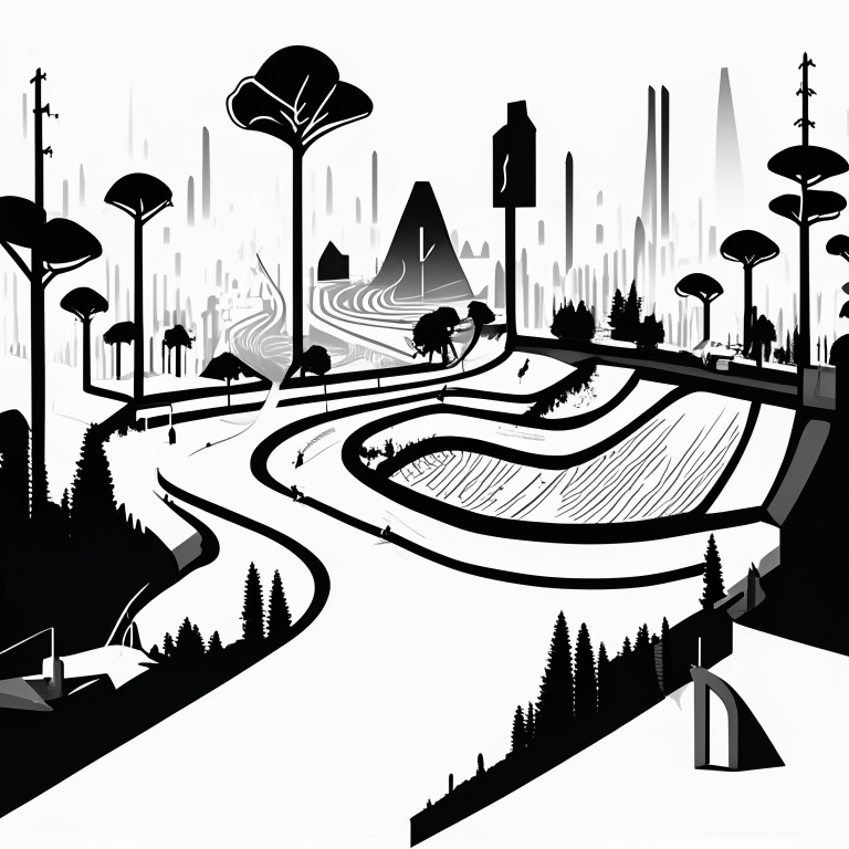 ms paint style, Free rider hd level, white background, black lines foreground, few grey lines in the background, micro bmx park,  loops, circle, ramps, grind rails, box transitions, half pipe, gap kicker, city building background, most importantly minimalistic, fences, trees, mountains, tiny animals very small, bridges