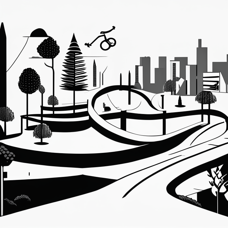 ms paint style, Free rider hd level, white background, black lines foreground, few grey lines in the background, micro bmx park,  loops, circle, ramps, grind rails, box transitions, half pipe, gap kicker, city building background, most importantly minimalistic, fences, trees, mountains, tiny animals very small, bridges