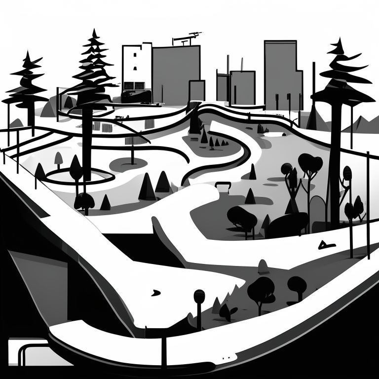 ms paint style, Free rider hd level, white background, black lines foreground, few grey lines in the background, micro bmx park,  loops, circle, ramps, grind rails, box transitions, half pipe, gap kicker, city building background, most importantly minimalistic, fences, trees, mountains, tiny animals very small, bridges, trains, cars,mailboxes, fire hydrants, shopping carts, malls, buisinesses, markets