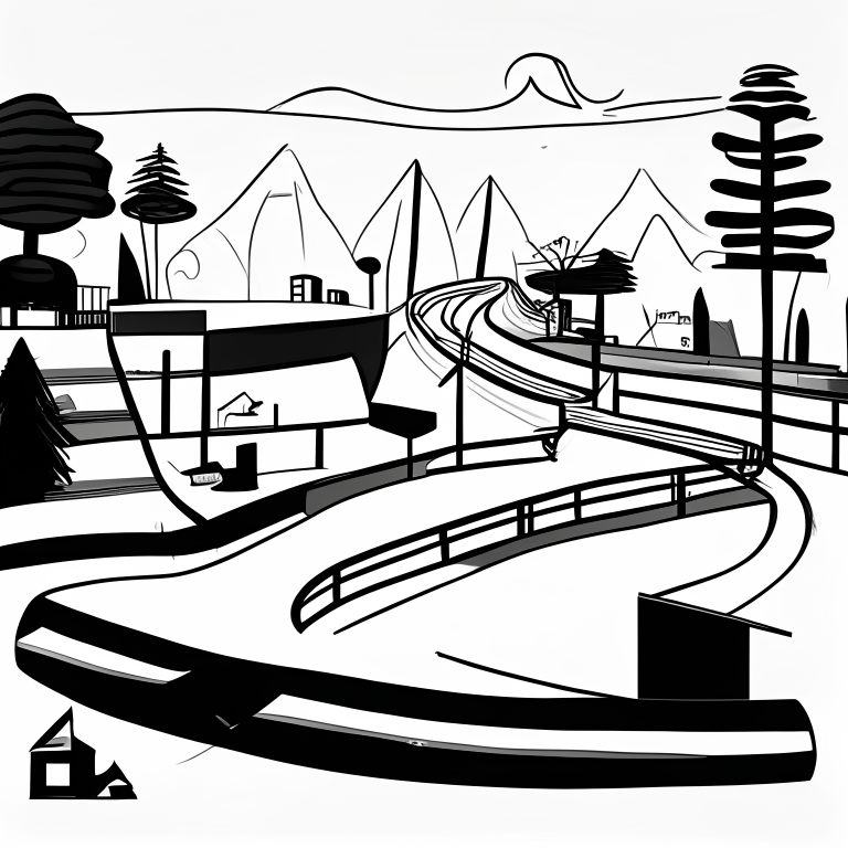 ms paint style, Free rider hd level, white background, black lines foreground, few grey lines in the background, micro bmx park,  loops, circle, ramps, grind rails, box transitions, half pipe, gap kicker, city building background, most importantly minimalistic, fences, trees, mountains, tiny animals very small, bridges, trains, cars,mailboxes, fire hydrants, shopping carts, malls, buisinesses, markets