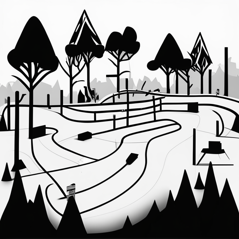 ms paint style, Free rider hd level, white background, black lines foreground, few grey lines in the background, micro bmx park,  loops, circle, ramps, grind rails, box transitions, half pipe, gap kicker, city building background, most importantly minimalistic, fences, trees, mountains, tiny animals very small, bridges, trains, cars,mailboxes, fire hydrants, shopping carts, malls, buisinesses, markets