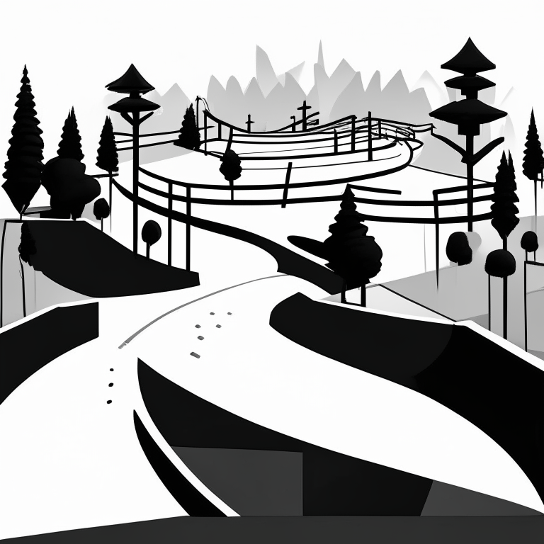 ms paint style, Free rider hd level, white background, black lines foreground, few grey lines in the background, micro bmx park,  loops, circle, ramps, grind rails, box transitions, half pipe, gap kicker, city building background, most importantly minimalist, fences, trees, mountains, tiny animals very small, bridges, trains, cars,mailboxes, fire hydrants, shopping carts, malls, buisinesses, markets, big sun