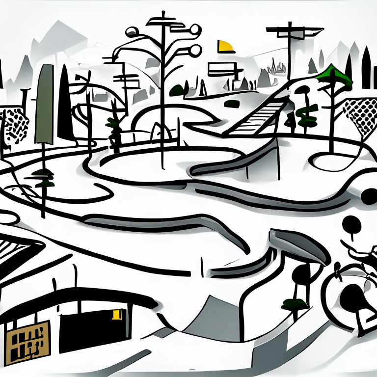 ms paint style, Free rider hd level, white background, black lines foreground, few grey lines in the background, micro bmx park,  loops, circle, ramps, grind rails, box transitions, half pipe, gap kicker, city building background,
 fences, trees, mountains, tiny animals very small, bridges, trains, cars,mailboxes, fire hydrants, shopping carts, malls, buisinesses, markets, big sun