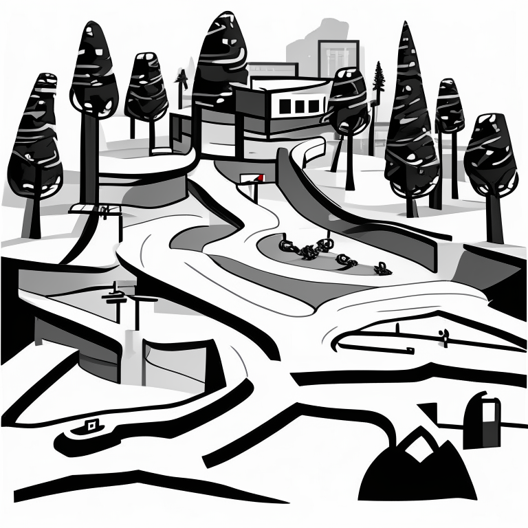 ms paint style, Free rider hd level, white background, black lines foreground, few grey lines in the background, micro bmx park,  loops, circle, ramps, grind rails, box transitions, half pipe, gap kicker, city building background,
 fences, trees, mountains, tiny animals very small, bridges, trains, cars,mailboxes, fire hydrants, shopping carts, malls, buisinesses, markets, big sun, important no color