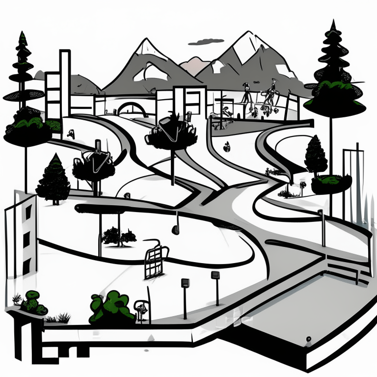 ms paint style, Free rider hd level, white background, black lines foreground, few grey lines in the background, micro bmx park,  loops, circle, ramps, grind rails, box transitions, half pipe, gap kicker, city building background,
 fences, trees, mountains, tiny animals very small, bridges, trains, cars,mailboxes, fire hydrants, shopping carts, malls, businesses, markets, big sun, important no color