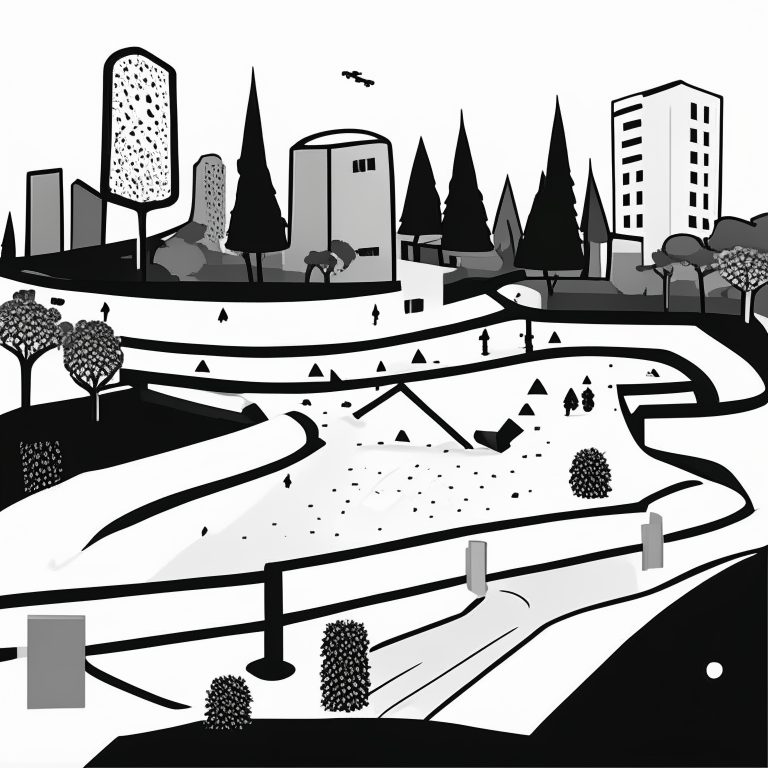 ms paint style, Free rider hd level, white background, black lines foreground, few grey lines in the background, micro bmx park,  loops, circle, ramps, grind rails, box transitions, half pipe, gap kicker, city building background,
 fences, trees, mountains, tiny animals very small, bridges, trains, cars,mailboxes, fire hydrants, shopping carts, malls, businesses, markets, big sun, important no color