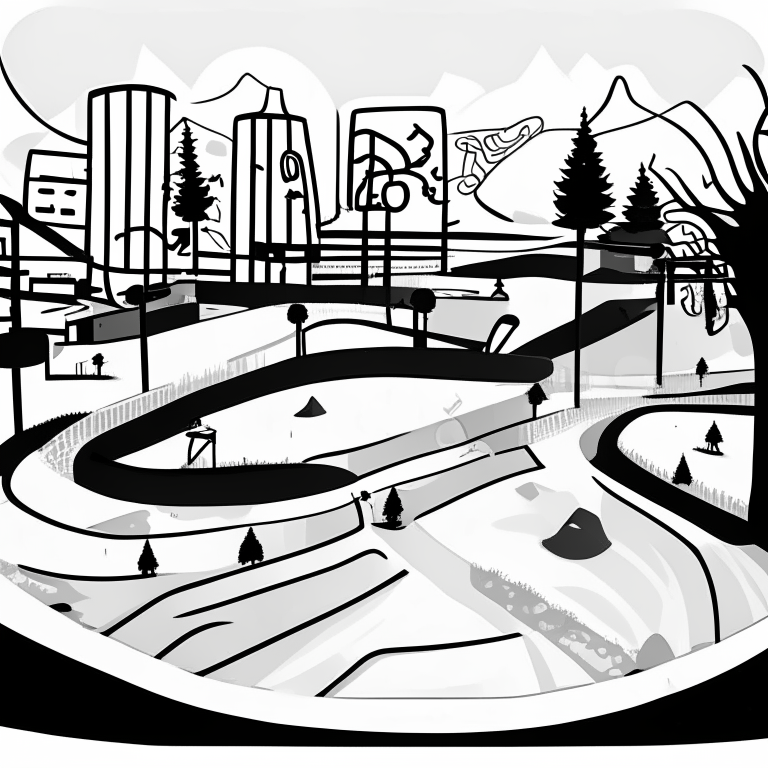 ms paint style, Free rider hd level, white background, black lines foreground, few grey lines in the background, micro bmx park,  loops, circle, ramps, grind rails, box transitions, half pipe, gap kicker, city building background,
 fences, trees, mountains, tiny animals very small, bridges, trains, cars,mailboxes, fire hydrants, shopping carts, malls, businesses, markets, big sun, important no color