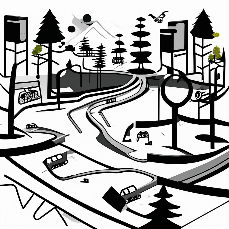 ms paint style, Free rider hd level, white background, black lines foreground, few grey lines in the background, micro bmx park,  loops, circle, ramps, grind rails, box transitions, half pipe, gap kicker, city building background,
 fences, trees, mountains, tiny animals very small, bridges, trains, cars,mailboxes, fire hydrants, shopping carts, malls, businesses, markets, big sun, important no color