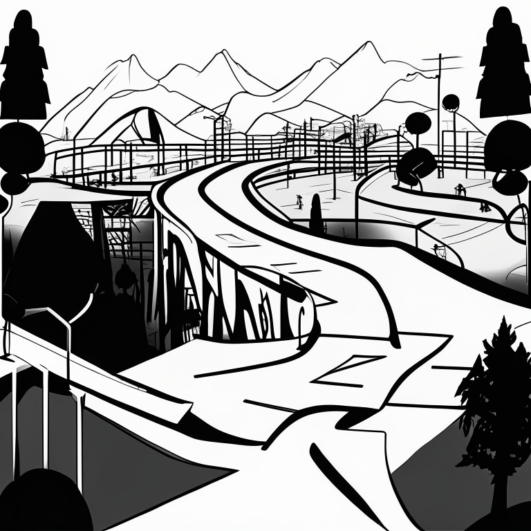 ms paint style, Free rider hd level, white background, black lines foreground, few grey lines in the background, micro bmx park,  loops, circle, ramps, grind rails, box transitions, half pipe, gap kicker, city building background,
 fences, trees, mountains, bridges, important no color