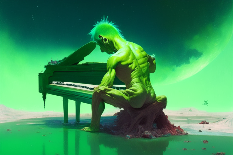 a green haired shirtless man playing a big burnig piano on a melting planet