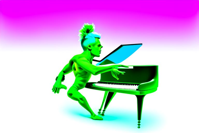 a green haired shirtless man playing a big burnig piano on a melting planet