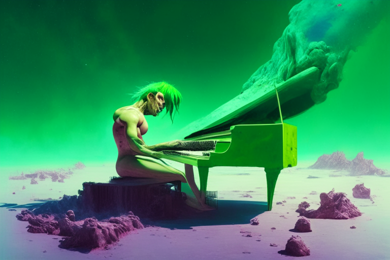 a green haired shirtless man playing a big burnig piano on a melting planet