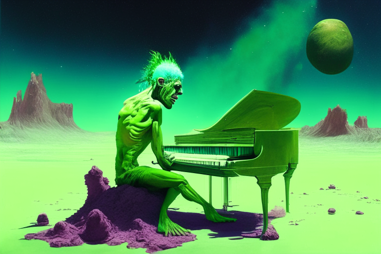 a green haired shirtless man that looks like kurt cobainplaying a big burnig piano on a melting planet in front of aliens
