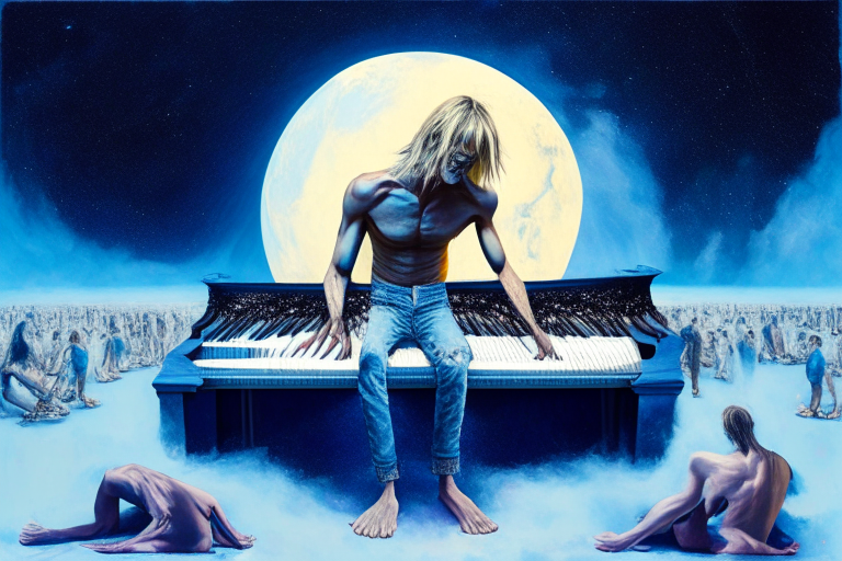 a shirtless man in blue denim jeans that looks like kurt cobain playing a big, burning piano on a melting planet in front of small size people. add a big red planets in the background