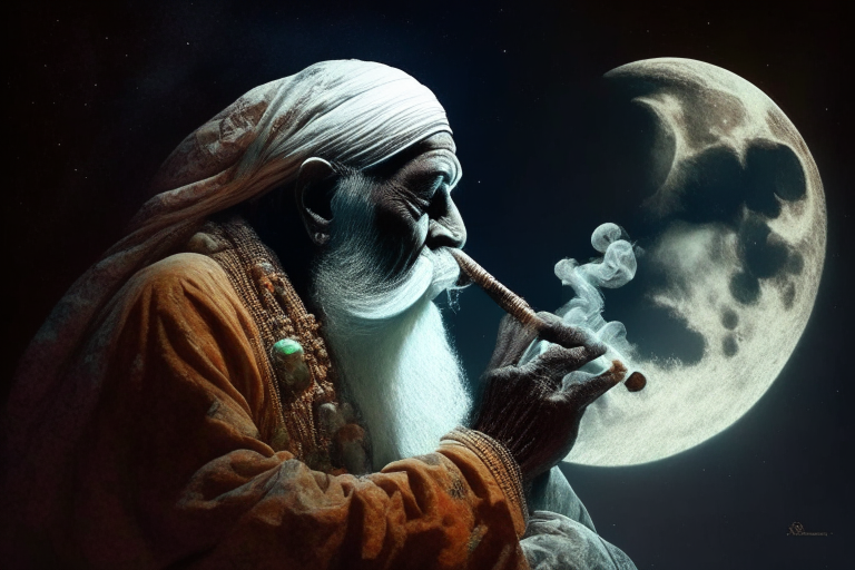 indian baba smoking chillum on moon