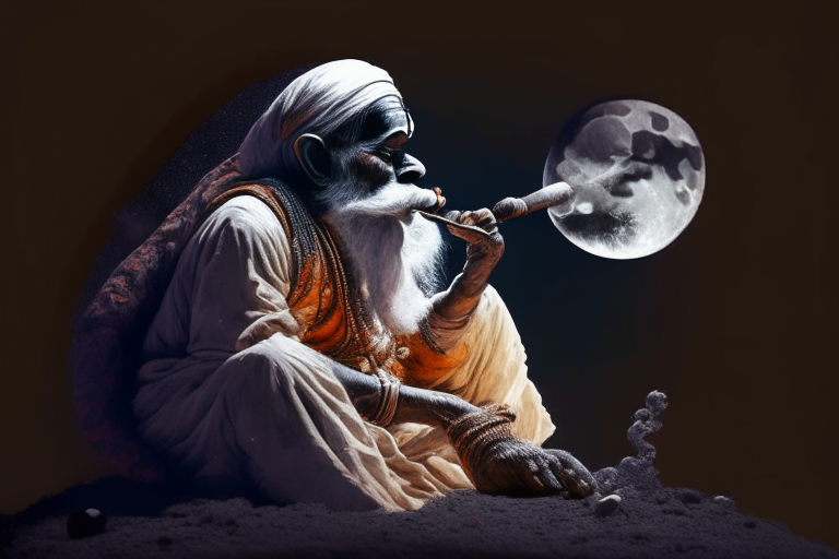 indian baba smoking chillum sitting on moon