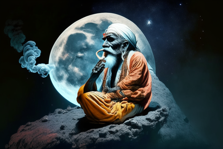 indian baba smoking chillum sitting on the moon