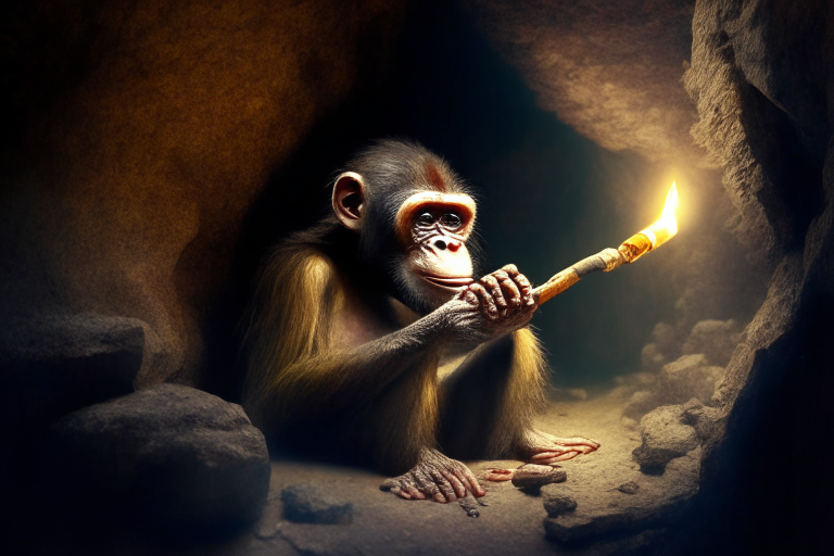 a human like monkey smoking chillum in a cave