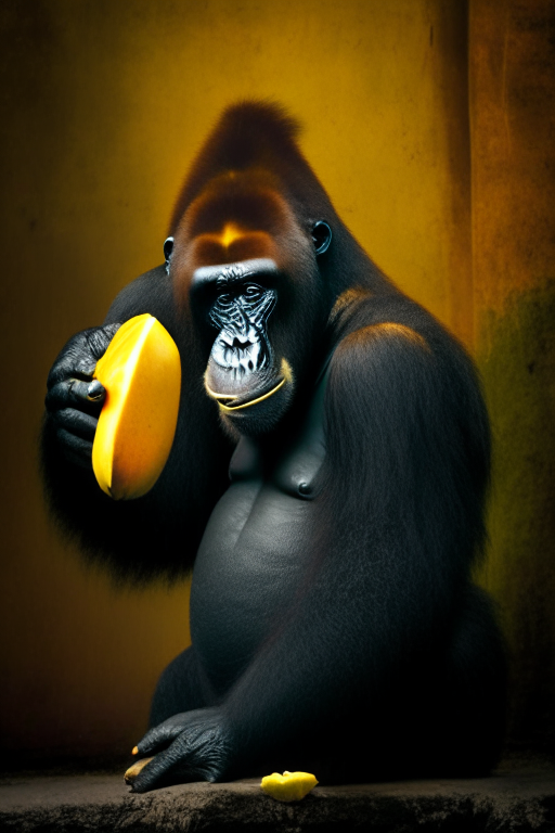 A tall dangerous gorilla eating a mango
