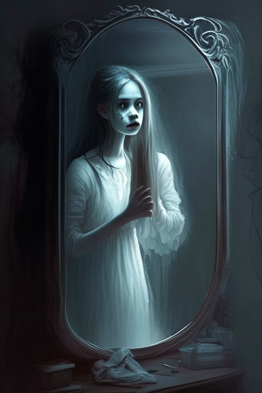 a beautiful girl standing infront of mirror she make up doing and turn into ghost from inside of mirror came hand and push her