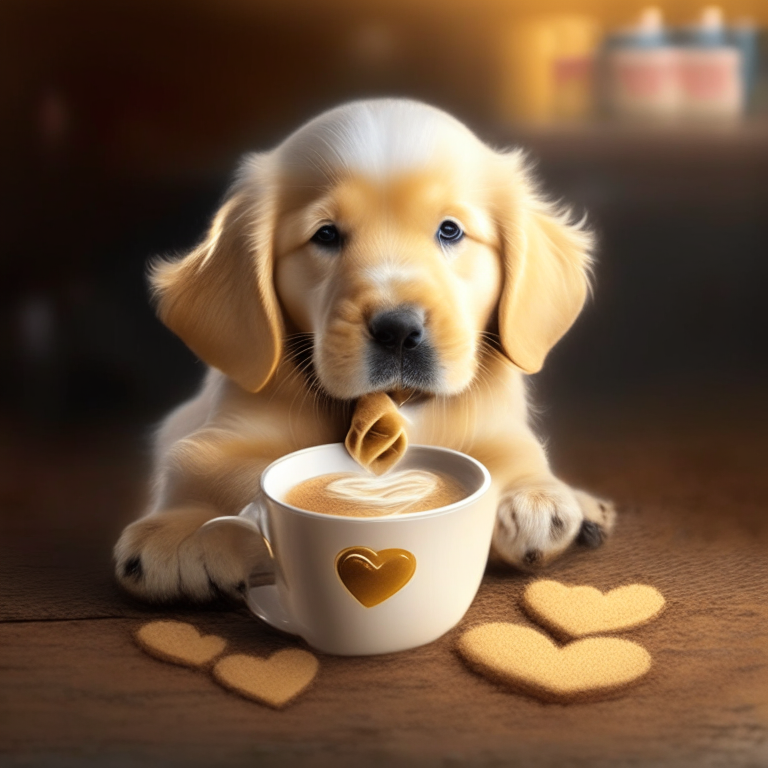 a Golden Retriever puppy drinking a latte with heart-shaped art