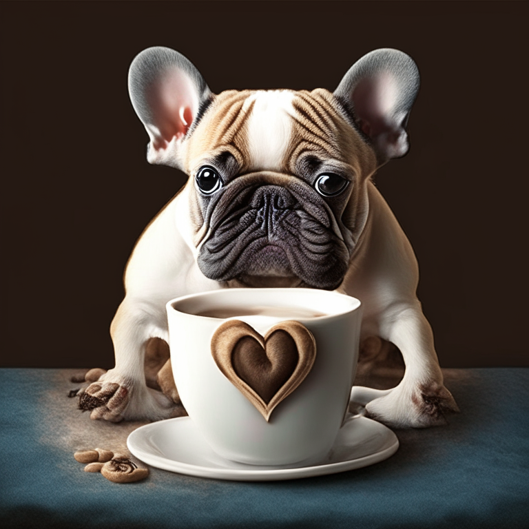 a French Bulldog puppy drinking a latte with heart-shaped art