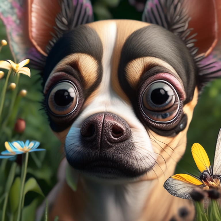 a Chihuahua with big cute eyes, close-up, in a garden, with a butterfly on its nose, 4k