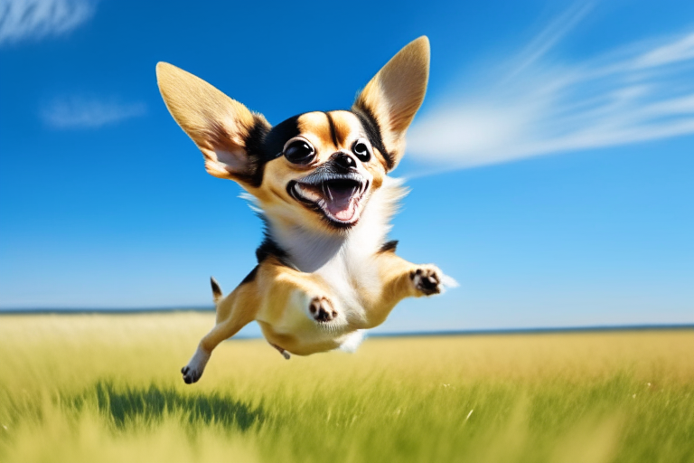a chihuahua jumping in the air with a happy expression, in a grassy field, with a blue sky in the background, 8k