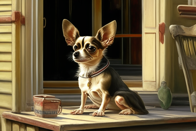A Chihuahua sitting on a porch in a Norman Rockwell style, oil painting, 4k
