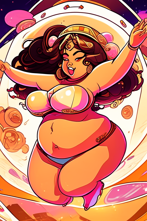 Generate an anime artwork of a chubby voluptuous Malay female dancing belly dance in her spaceship. 