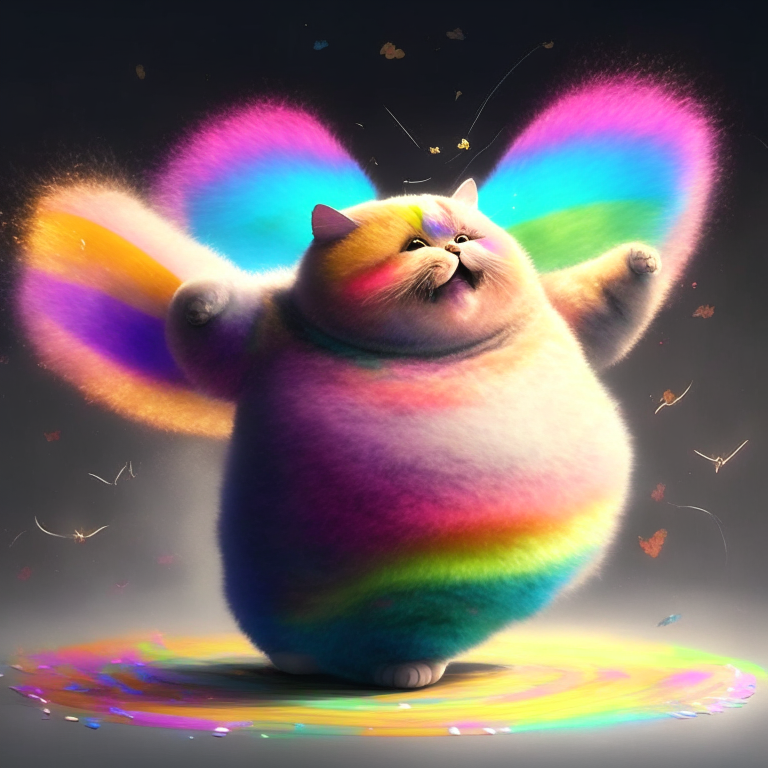 Animate a fuzzy butterfly dancing on top of a chubby rainbow cat