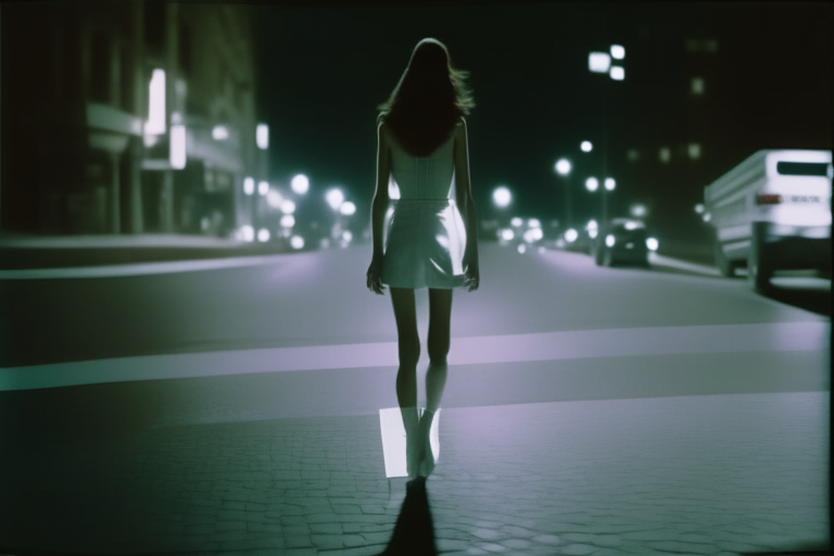 An analog video camera. High angle frontal sequence shot of a woman walking at night on a lonely city street. She is wearing a short silver dress and black vinyl boots. add detail to the dress and make the boots darker