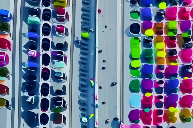 Aerial shot sequence recorded with drone. A parking lot with sports cars turns into colored pills as the drone approaches.