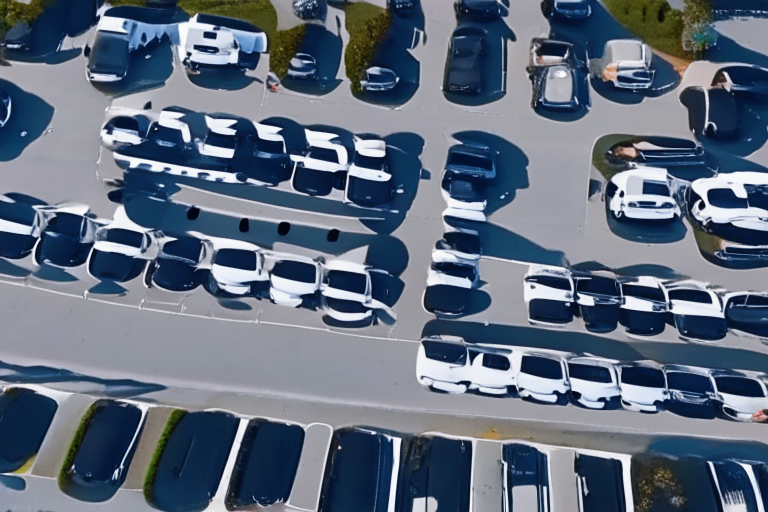 Aerial shot sequence recorded with drone. A parking lot with sports cars.