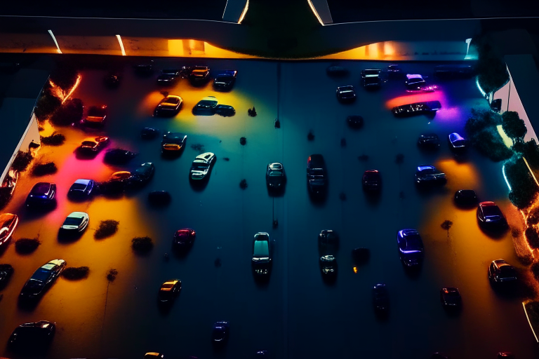 Aerial shot recorded with a drone. A parking lot with high-end sports cars of different colors at night. Zoom movement and cars transform into pills inside a bag. A young Asian girl with a ''new for speed'' aesthetic looks on. add a shot of an Asian girl with a ''new for speed'' aesthetic.