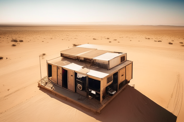 Analog overhead shot. A shipping container turned into a two-story DJ booth in the middle of a desert