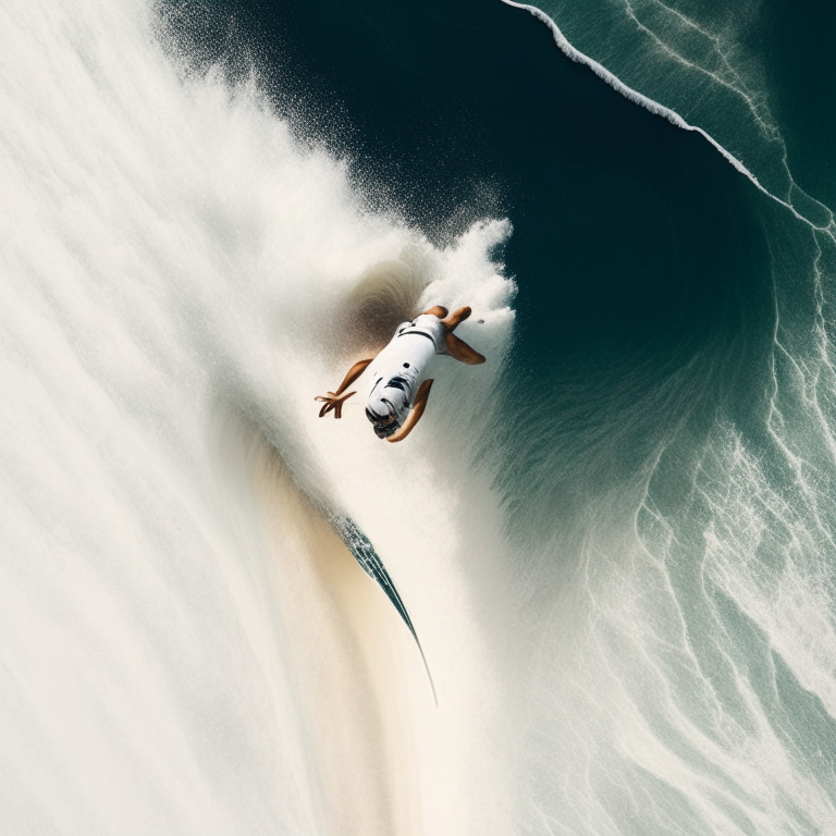 a person in a white polo shirt surfing viewed from an overhead perspective