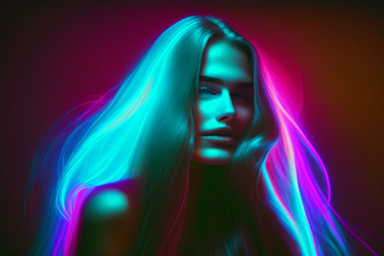Beautiful woman with long hair in neon light getting old