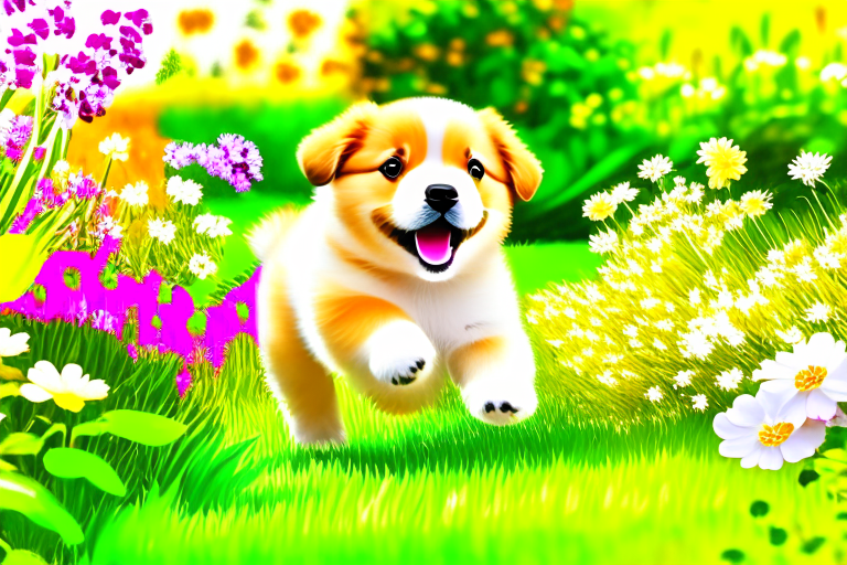 A realistic puppy running and playing in a garden