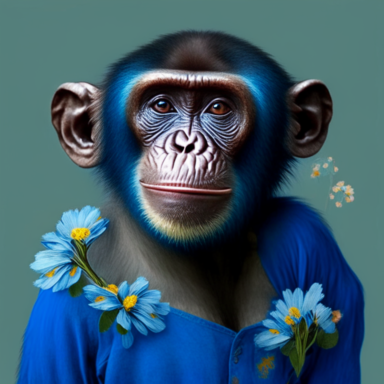 a monkey wearing a blue shirt with flowers on it. primate, mouth, jaw, organism, terrestrial animal, wrinkle, snout, close-up, wildlife, common chimpanzee