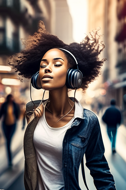 a beautiful mixed race black woman listening to headphones as she dances down a busy city street