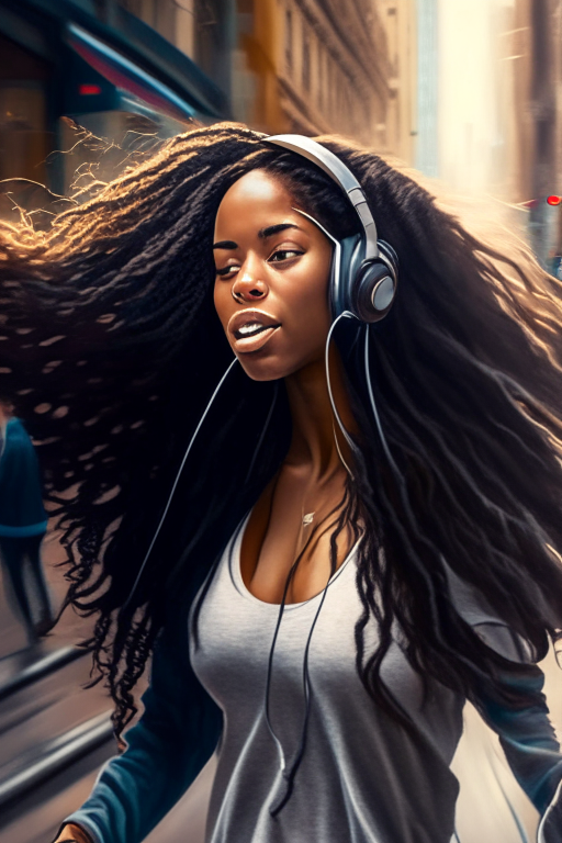 a beautiful mixed race black woman with long hair listening to headphones as she dances down a busy city street