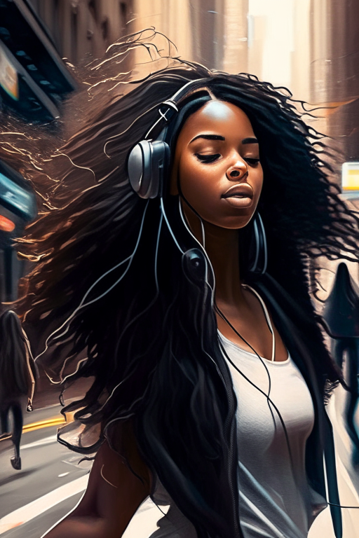 a beautiful mixed race black woman with long hair listening to headphones as she dances down a busy city street