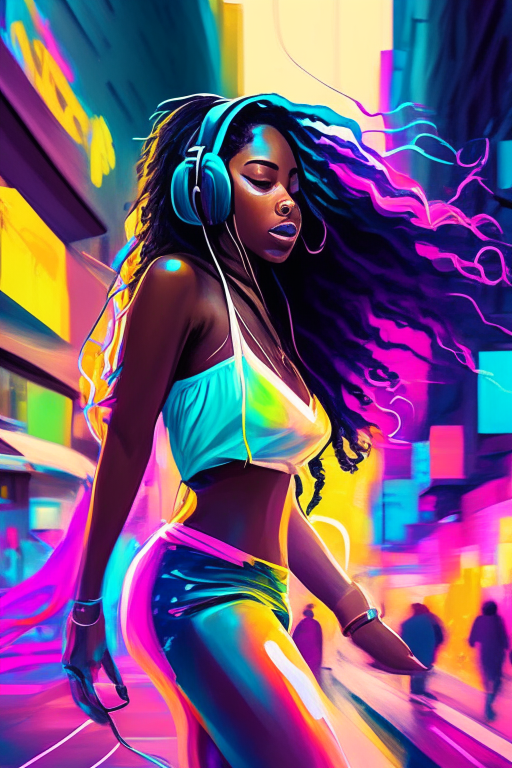 a beautiful mixed race black woman with long hair and high heels listening to headphones as she dances down a busy city street neon pastel bright vibrant colors 