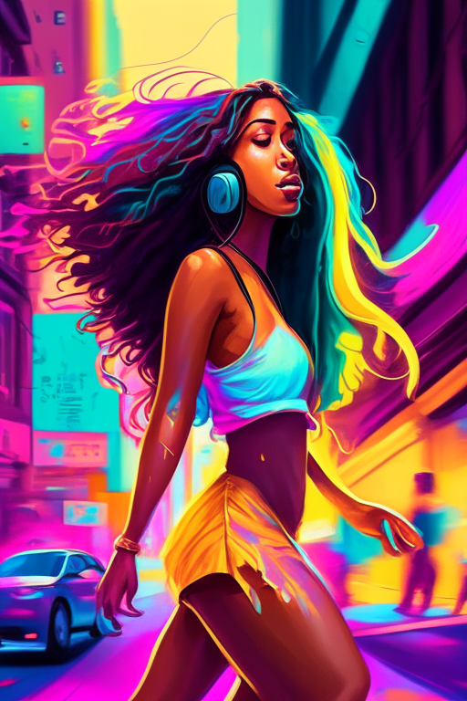 a beautiful mixed race brown skinned woman with long hair and high heels listening to headphones as she dances down a busy city street neon pastel bright vibrant colors 