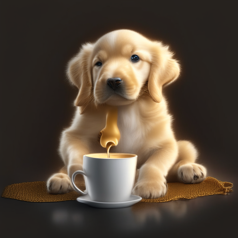 A Golden Retriever puppy drinking a latte with heart-shaped art, 4k